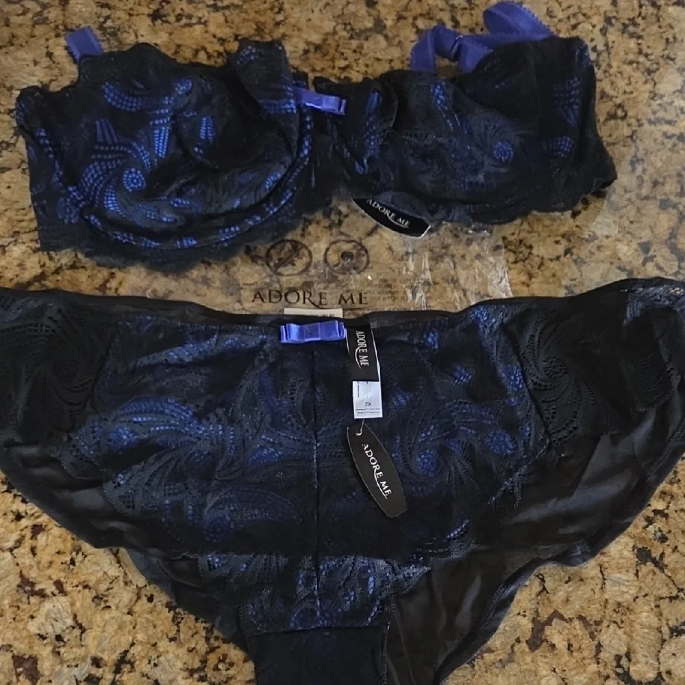 Adore Me Women's Black & Blue Lace Bra and Panty Set
